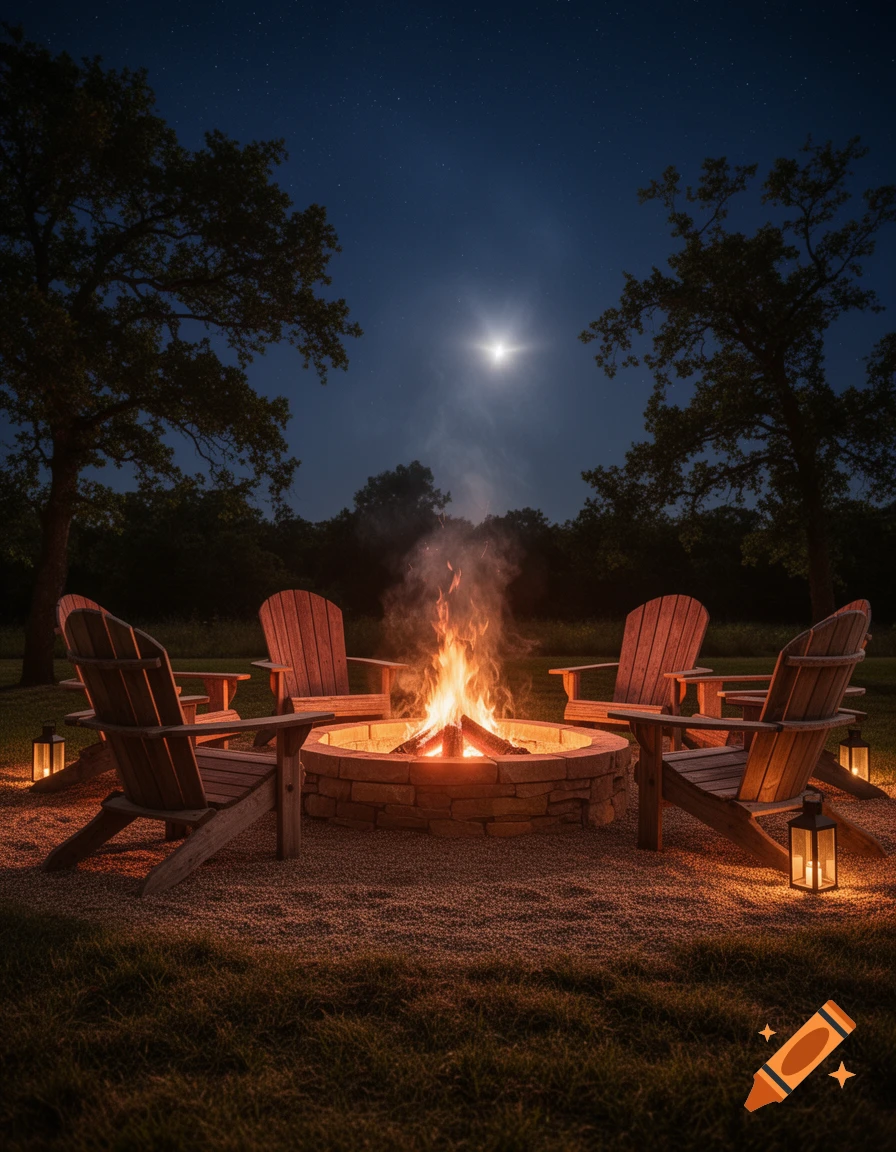 Four wooden Adirondack chairs arranged around a lit stone fire pit under a bright full moon and starry night sky.