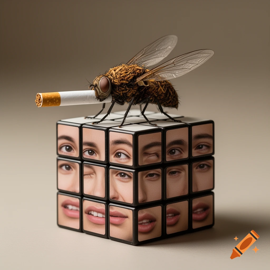 A photorealistic image of a large fly holding a cigarette, perched on a Rubik's cube made of human eyes, noses, and mouths.