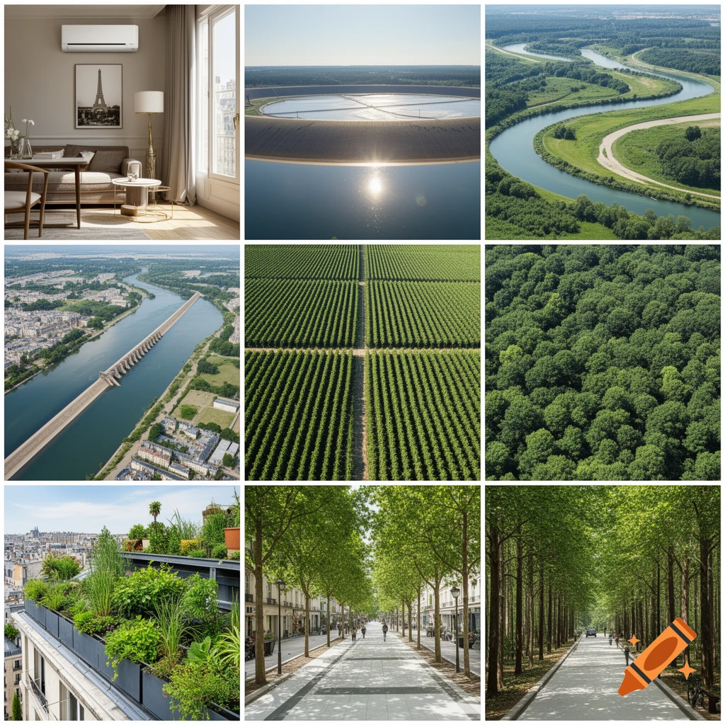 A nine-panel photo collage featuring diverse landscapes: an apartment, reservoir, meandering river, dammed river, farmland, dense forest, rooftop garden, and two tree-lined avenues.