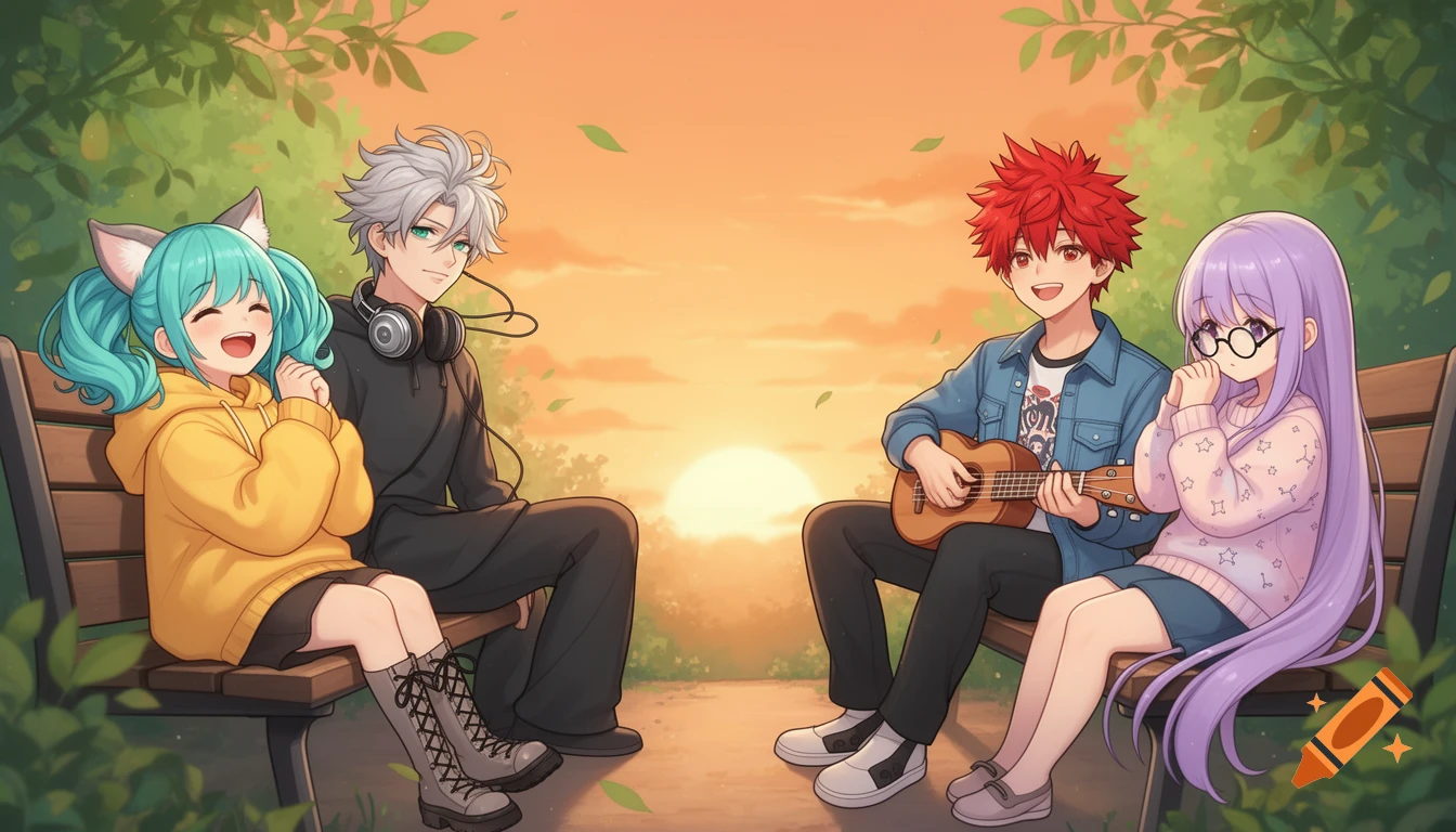 Four anime characters (two boys, two girls) on park benches at sunset. One plays a guitar, another wears headphones, one has cat ears.