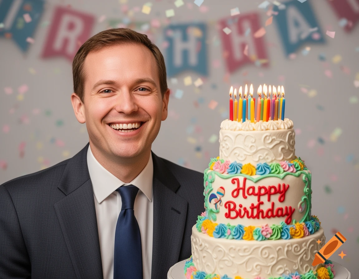 A smiling man in a suit next to a tiered birthday cake with lit candles and "Happy Birthday" on it, confetti and banner in the background.