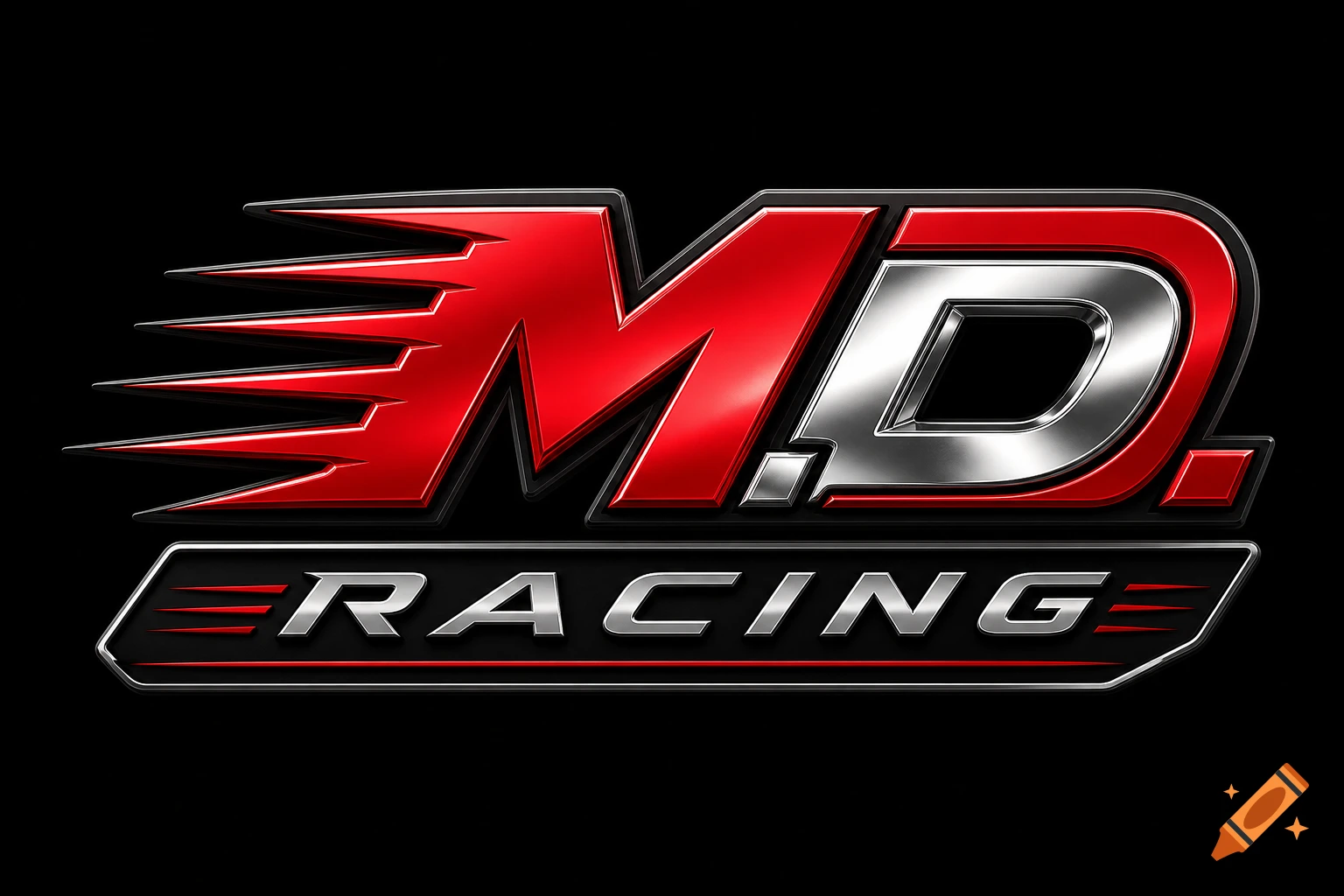 A metallic red and silver logo for M.D. RACING, featuring speed streaks on a black background.