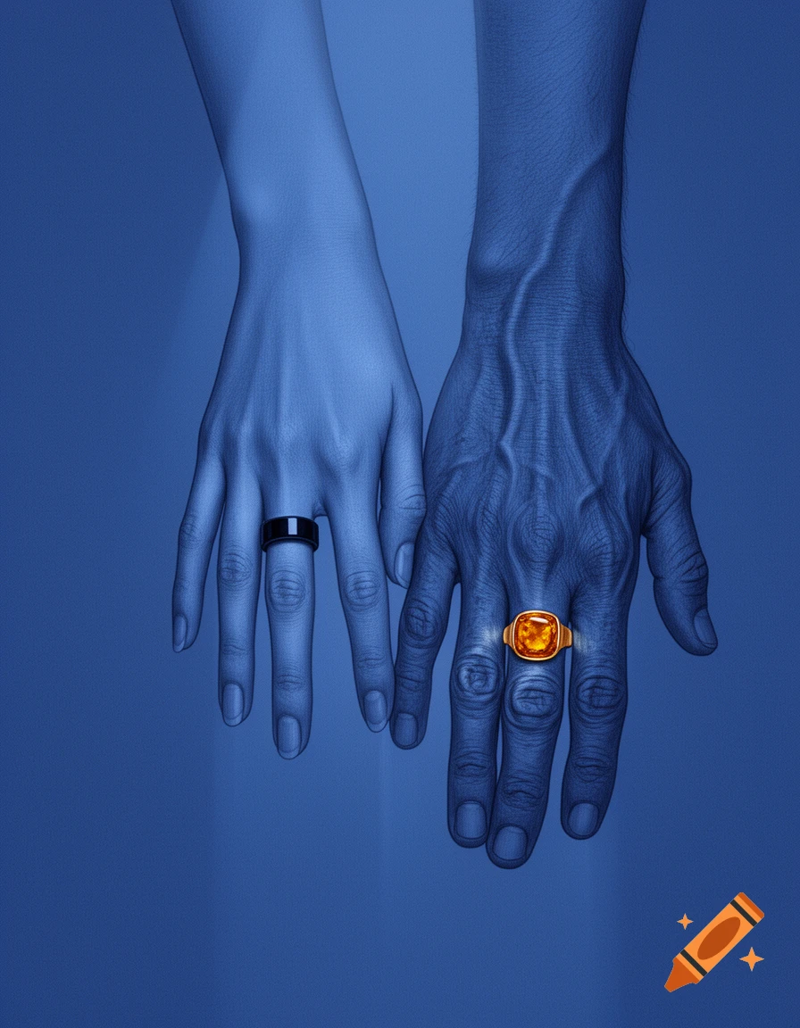 Two blue-toned hands, one with a black ring, the other with an amber ring, in a drawn, monochromatic style.