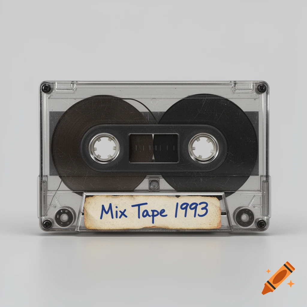 A clear plastic cassette tape with a handwritten label that reads 'Mix Tape 1993' against a grey background.