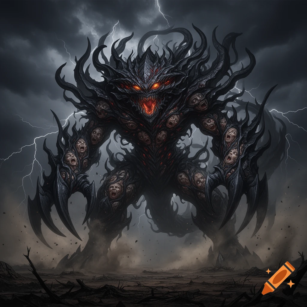 A dark, monstrous demon kaiju with glowing red eyes and numerous screaming human faces fused into its body, standing in a stormy, barren landscape under lightning.
