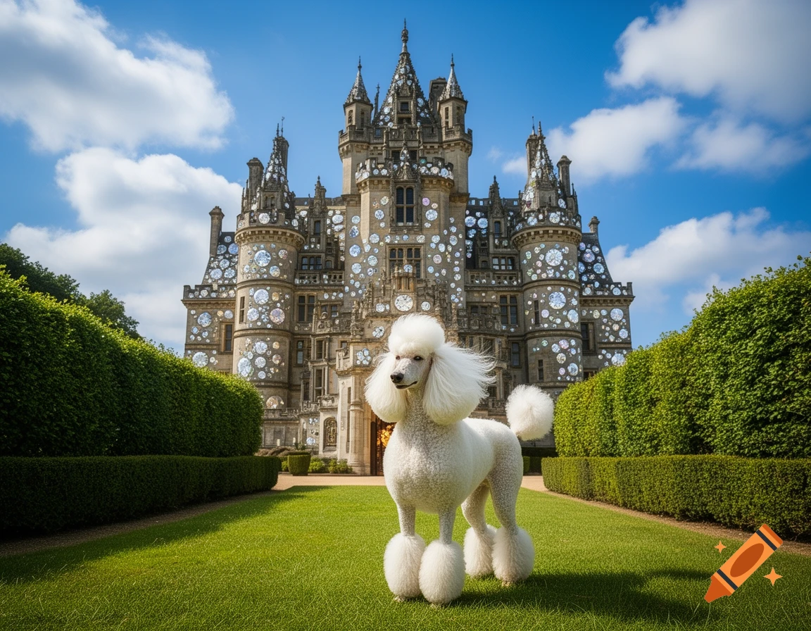 A white poodle stands on a green lawn before a magnificent, diamond-studded castle under a blue sky.