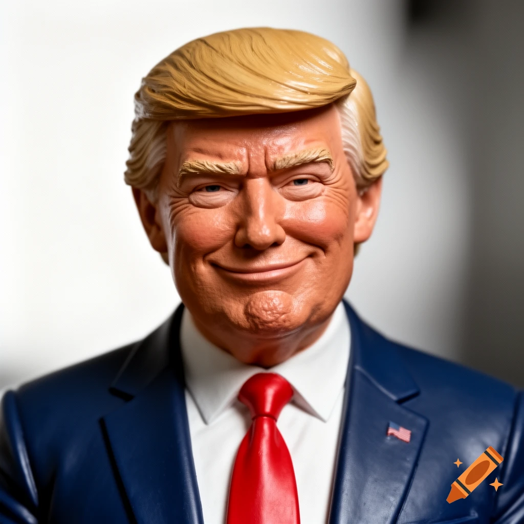 Photorealistic bust of Donald Trump, smiling, wearing a blue suit and red tie, in the style of a Spitting Image puppet.