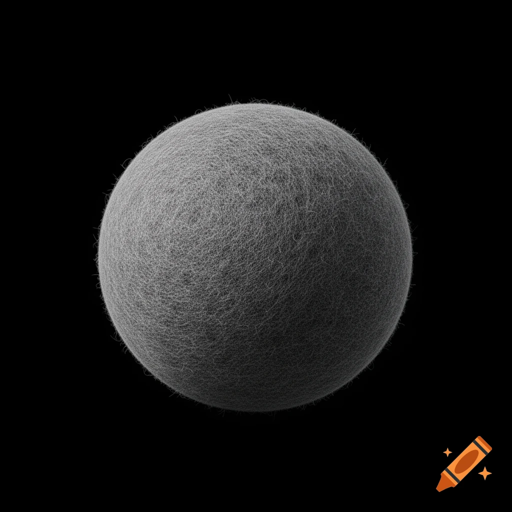 A grayscale fuzzy sphere with a textured felt-like surface floats against a solid black background.