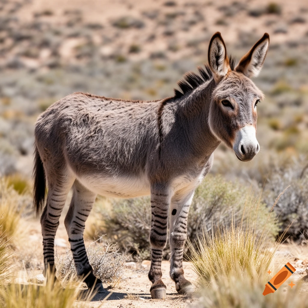 A donkey-like animal with striped legs stands in a sunny, arid landscape with sparse dry brush.