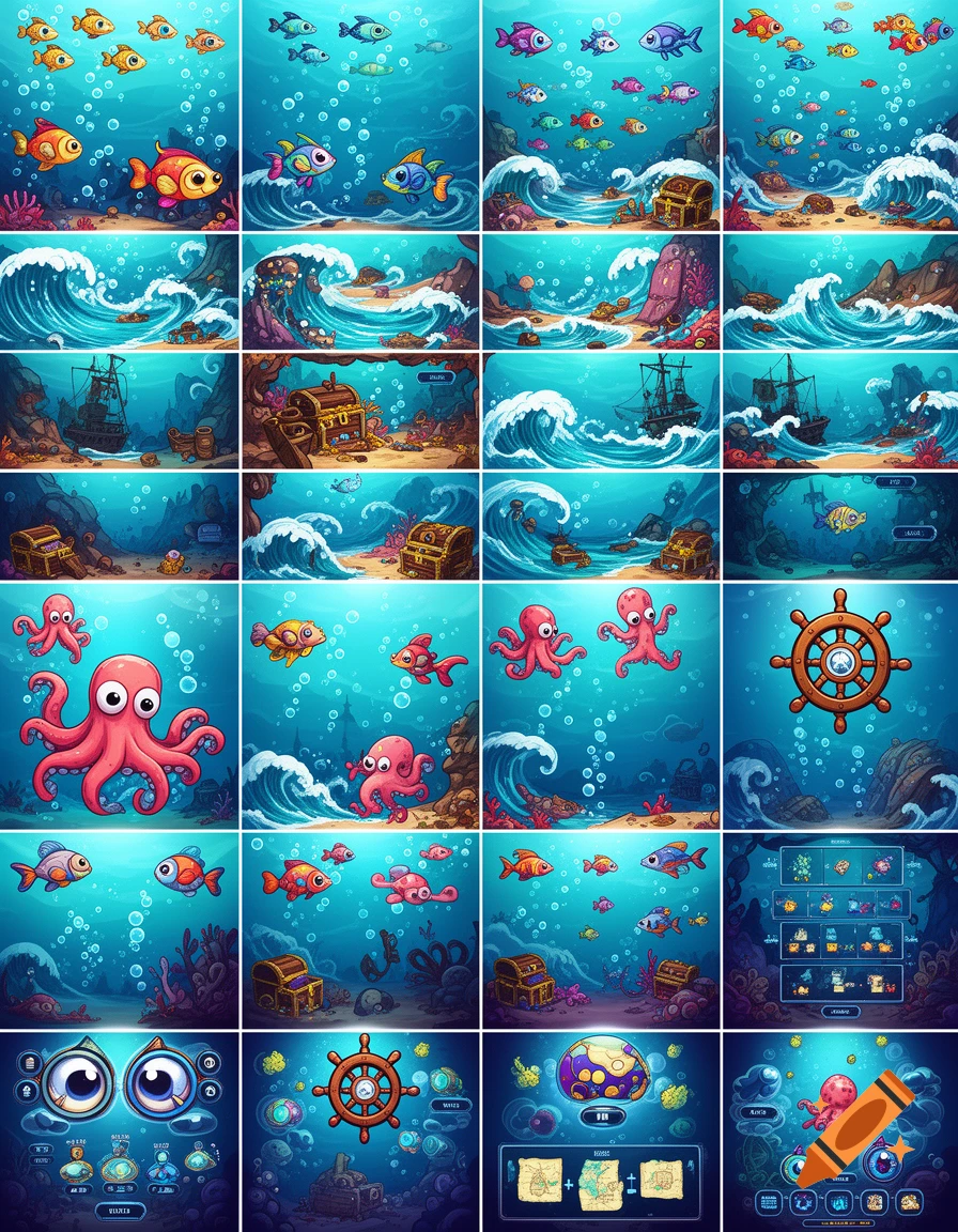 A grid of various cartoon-style nautical game assets, including smiling fish, octopuses, treasure chests, shipwrecks, waves, and UI elements, all set in a bright blue underwater environment with bubbles.