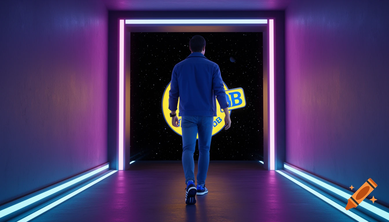 A person walks away down a vibrant neon-lit corridor towards a space portal with a yellow "BB" logo, in an Unreal Engine 5 style render.