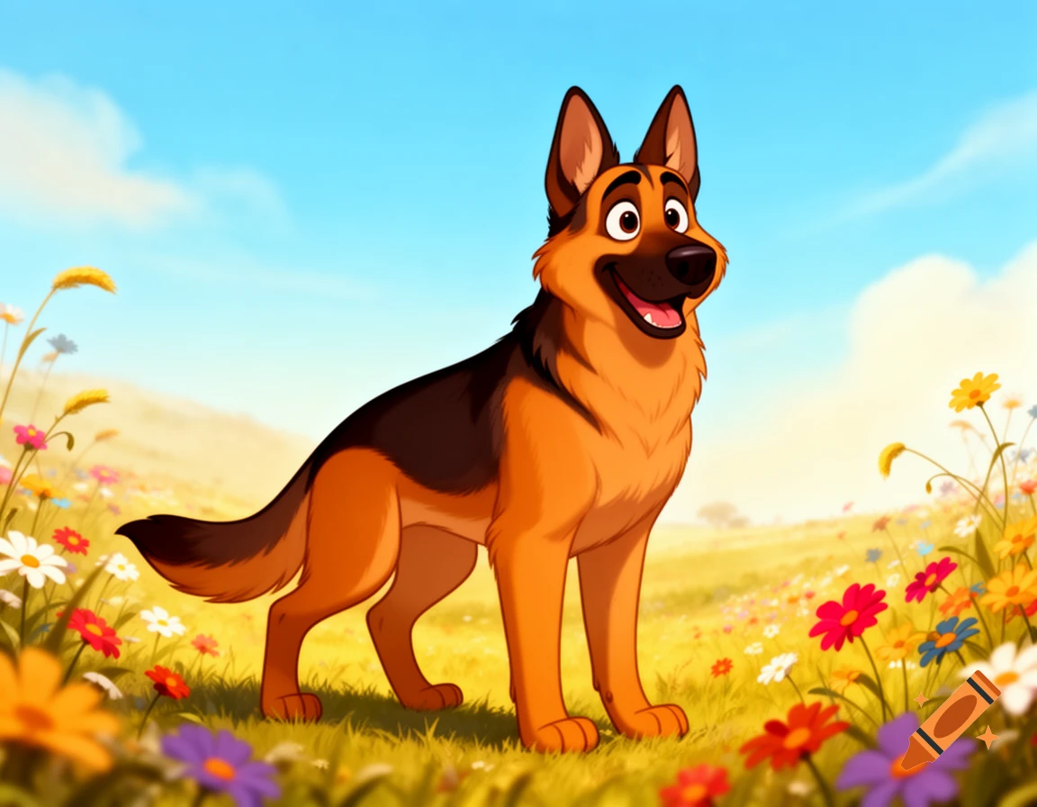 A happy cartoon German Shepherd stands in a bright, sunny field filled with colorful wildflowers.