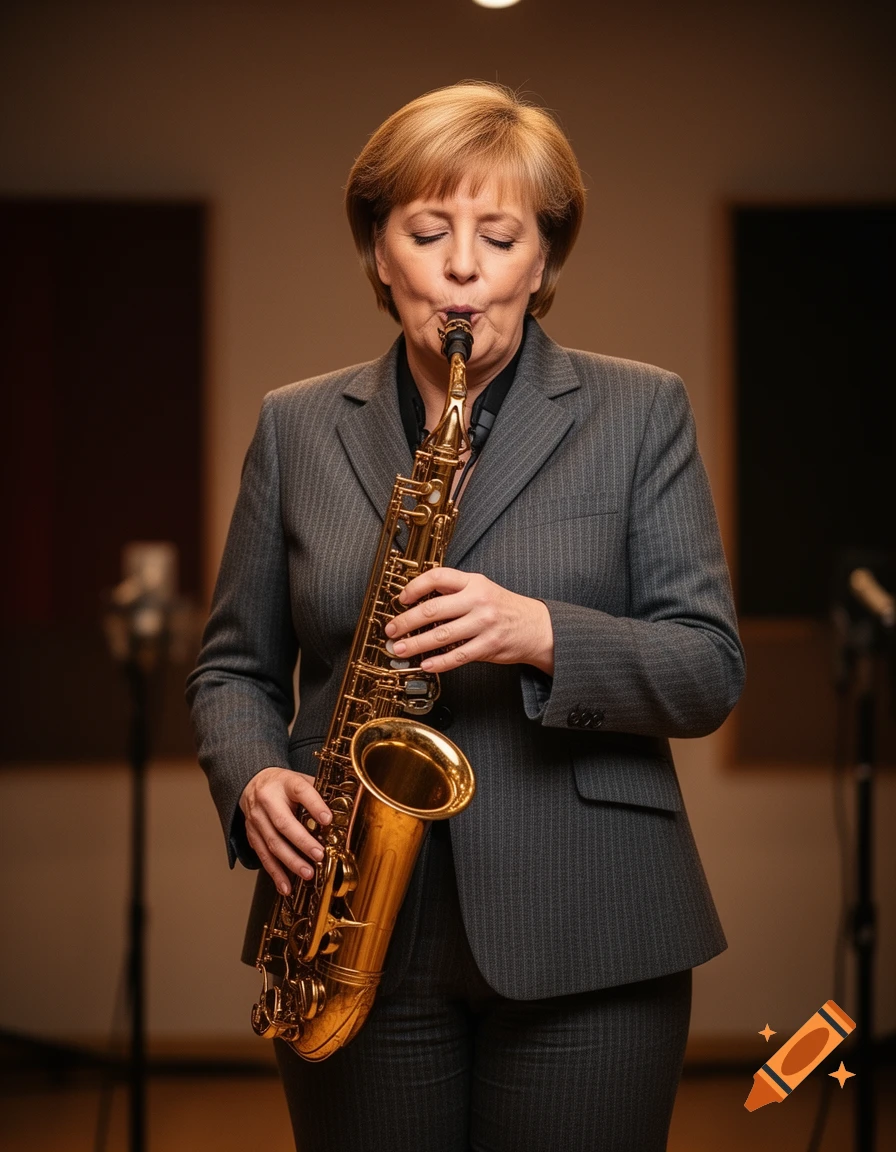 Photorealistic portrait of Angela Merkel, eyes closed in concentration, playing a golden saxophone in a studio setting.