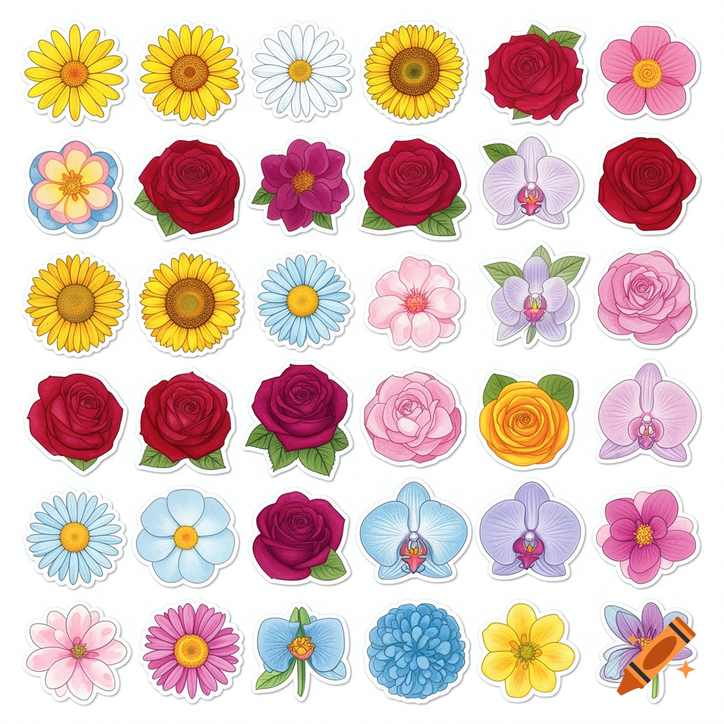 A grid of colorful flower illustrations, including sunflowers, roses, daisies, and orchids, presented as individual stickers on a white background.