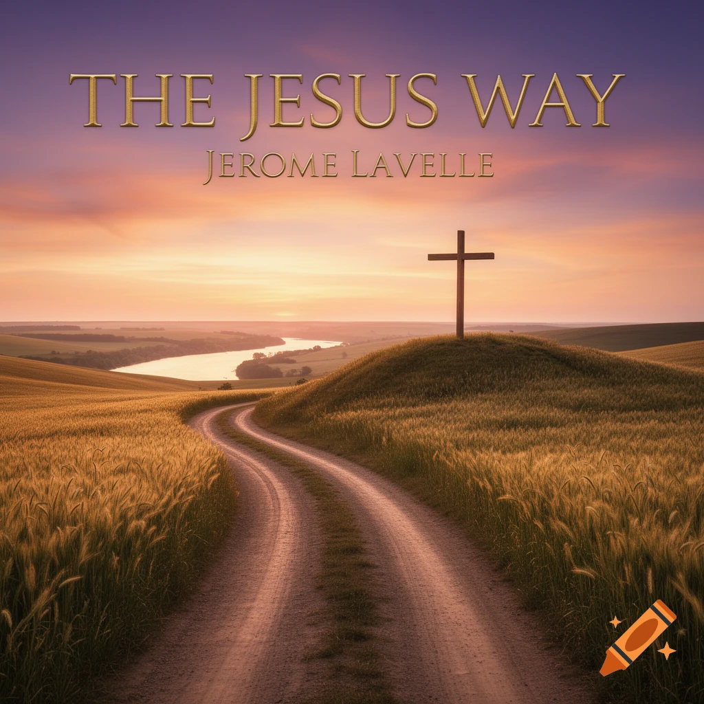 A winding dirt path through golden fields leads to a cross on a hill overlooking a river at sunset, with "THE JESUS WAY" and "JEROME LAVELLE" in gold text.