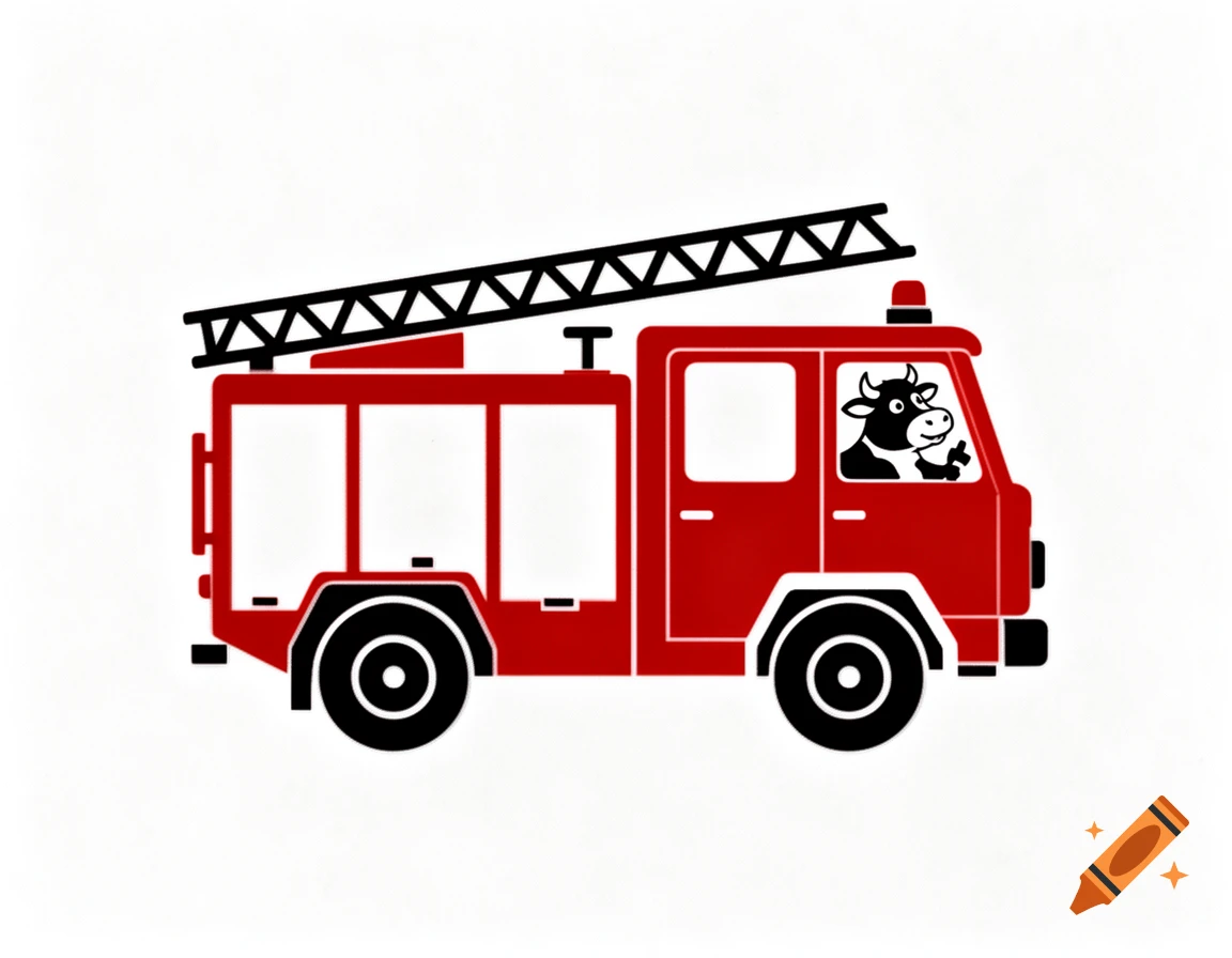 Cartoon red fire truck with a black and white cow driving, set against a plain white background.