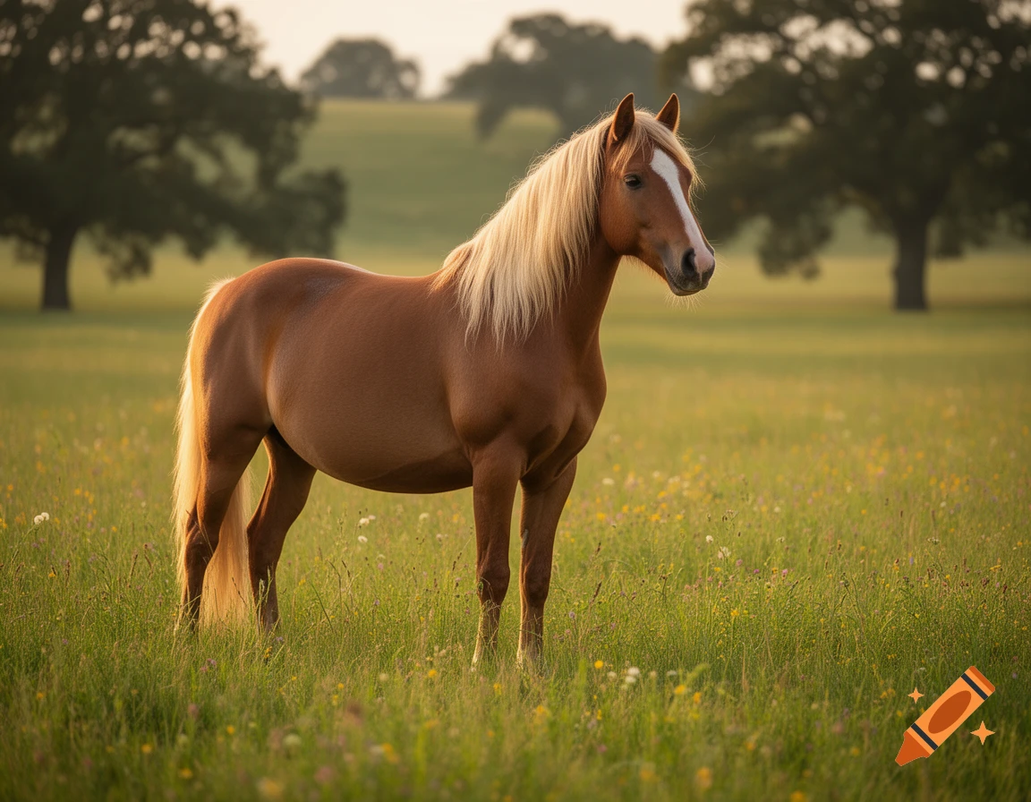 A brown horse with a blonde mane stands in a green meadow with wildflowers, backlit by the setting sun.