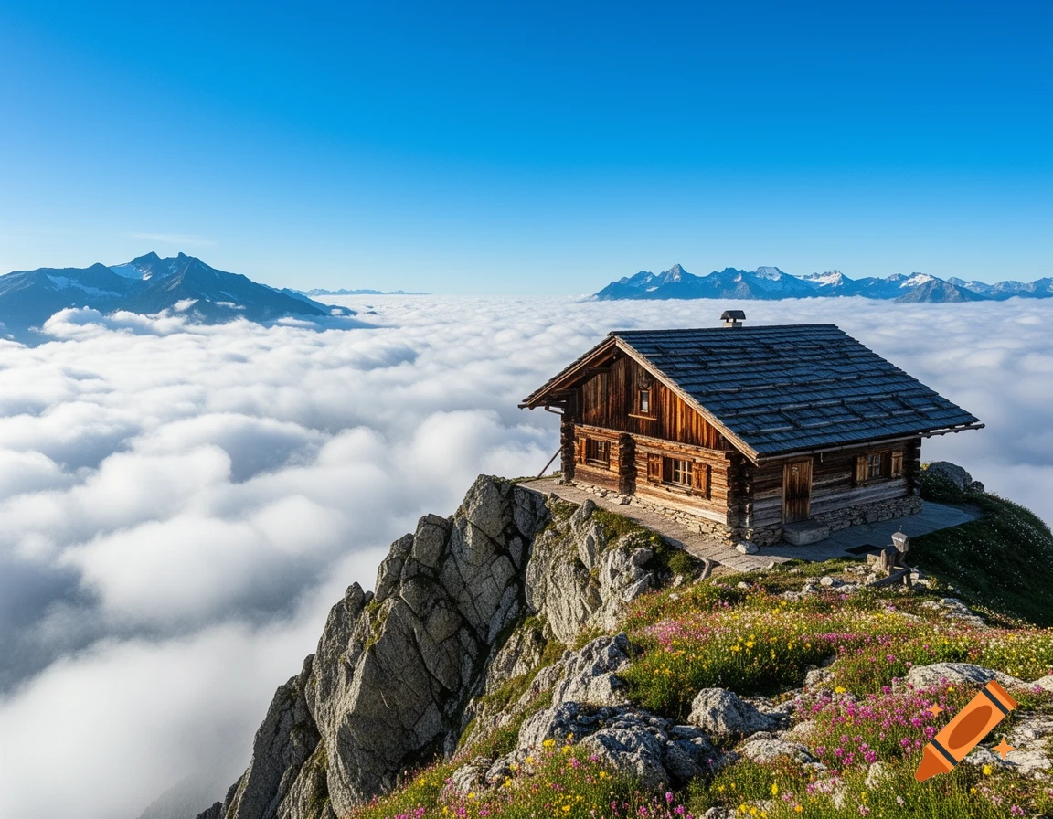 Rustic wooden cabin perched on a rocky mountain peak overlooking a vast sea of clouds, with distant snowy mountains and a blue sky.