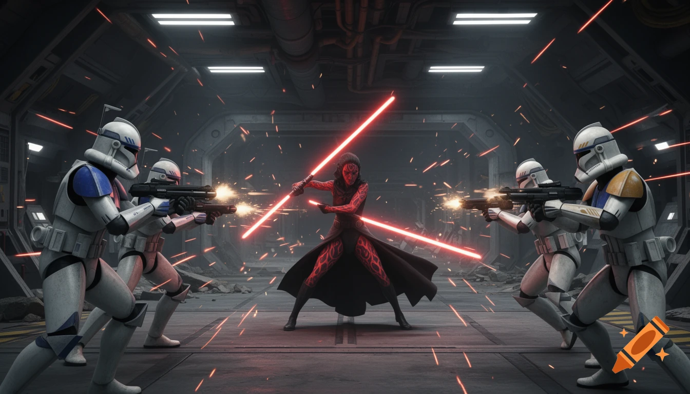 Darth Talon with dual red lightsabers battles four clone troopers firing blasters in a dark sci-fi corridor.