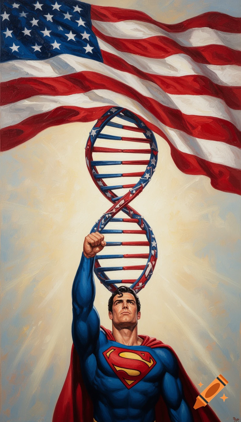 Oil painting of Superman with a raised fist beneath an American flag that transforms into a DNA helix.
