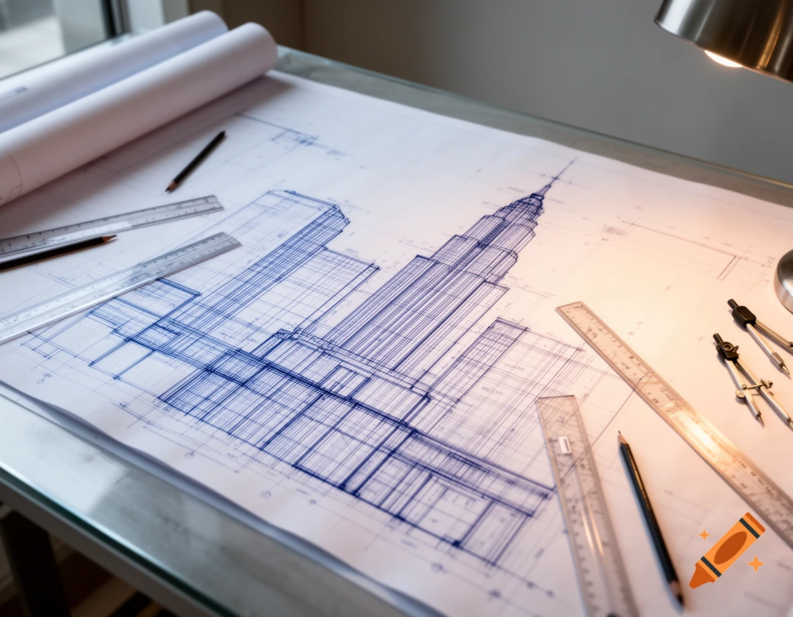 A detailed blueprint of a city skyscraper and building outlines, surrounded by rulers, pencils, and drafting compasses on a desk, illuminated by a lamp.