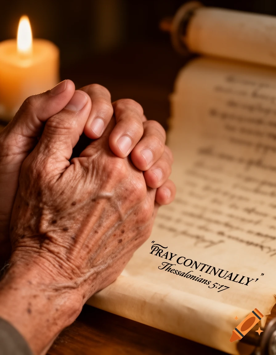 Close-up of elderly hands clasped in prayer next to a lit candle and a scroll displaying "PRAY CONTINUALLY" Thessalonians 5:17.