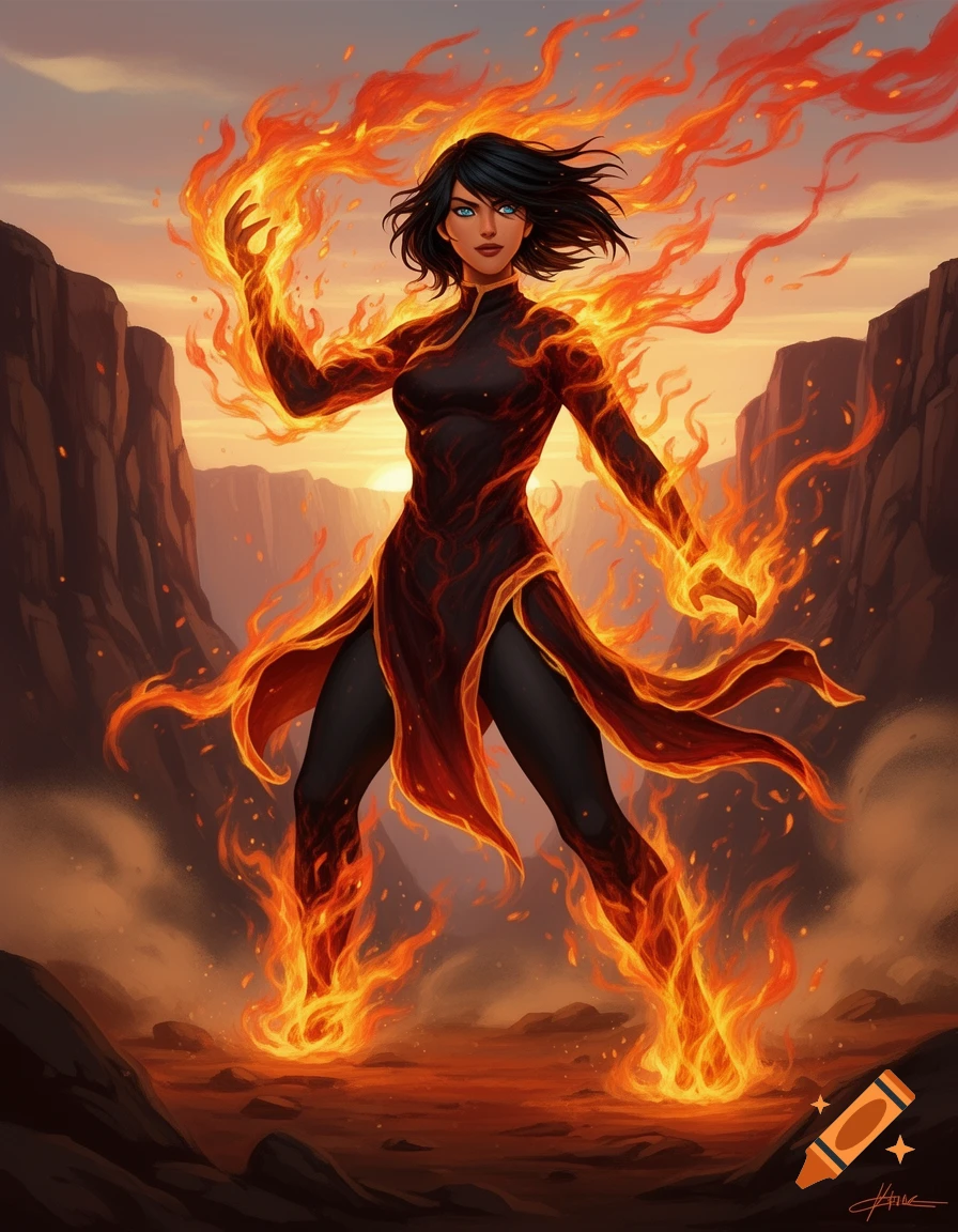 Artistic illustration of a female firebender in a black tunic, emanating flames from her hands and feet in a rocky canyon at sunset.
