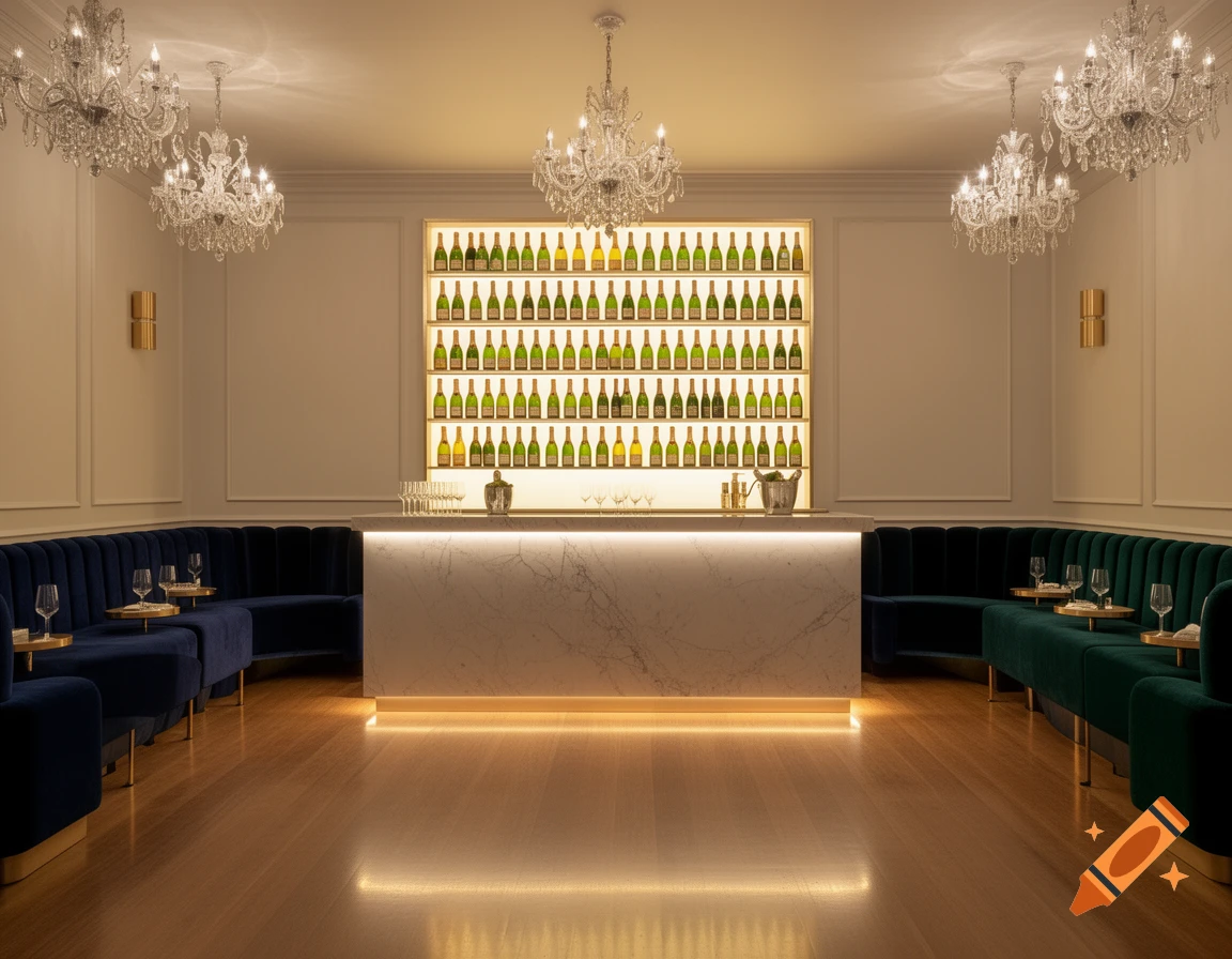 Photorealistic image of a luxurious champagne bar interior with a marble bar, rows of bottles, velvet seating, and chandeliers.