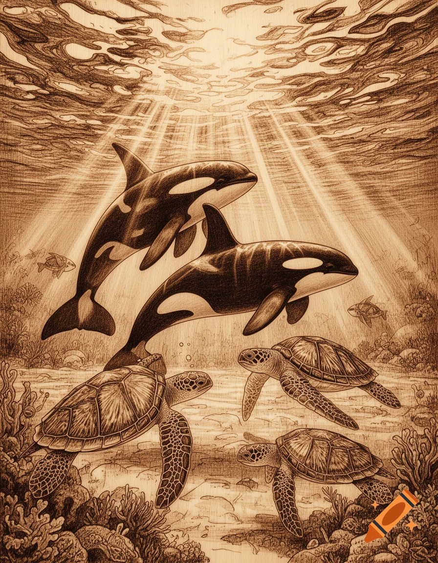 Sepia-toned woodburning illustration of two orcas swimming above three sea turtles in a sunlit underwater scene with coral.