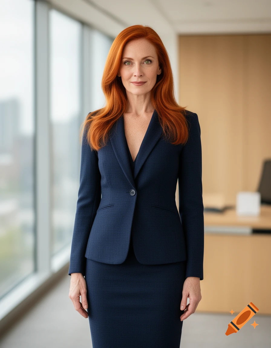 Photorealistic image of a professional red-haired woman in a navy blue suit standing in an office with large windows.