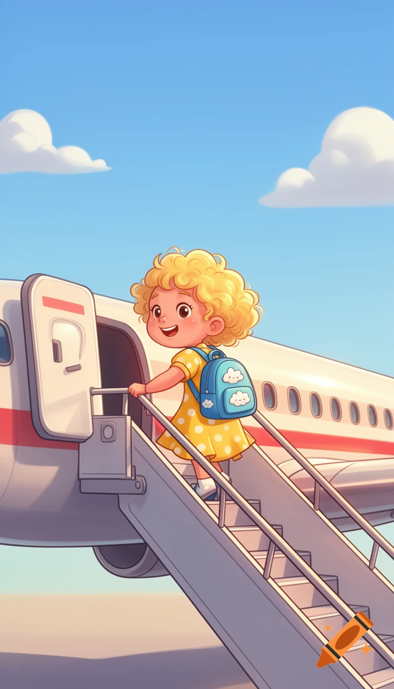 A smiling blonde cartoon girl with a blue backpack climbs the stairs to board an airplane under a bright blue sky.