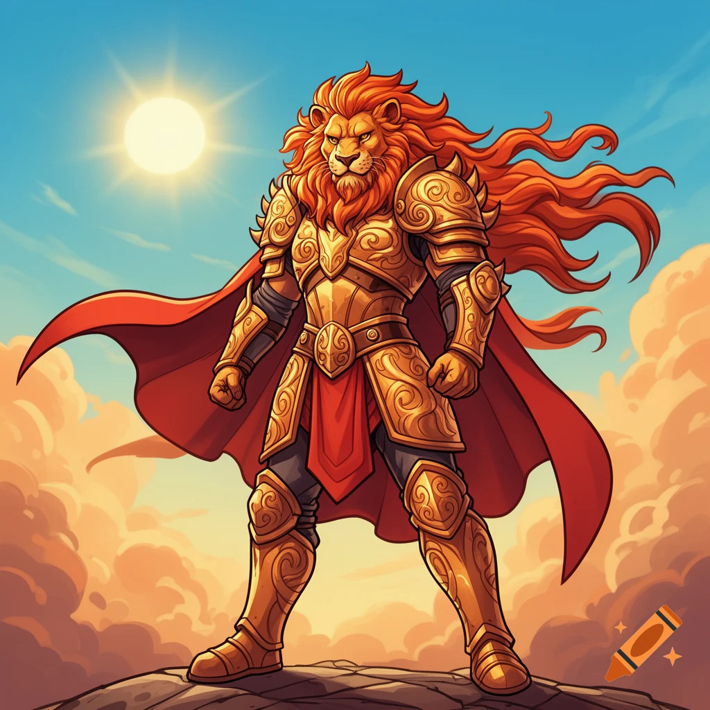 Vibrant cartoon illustration of a lion-headed warrior in ornate golden armor and a red cape standing on a rocky hill under a bright sun.