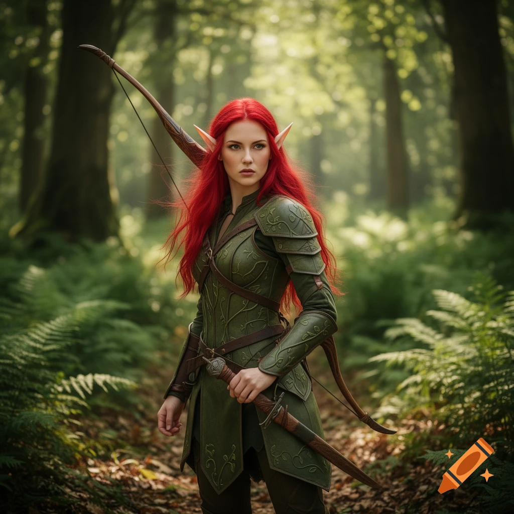 A red-haired female elf ranger in green armor with a bow and knife stands in a lush, sun-dappled forest.
