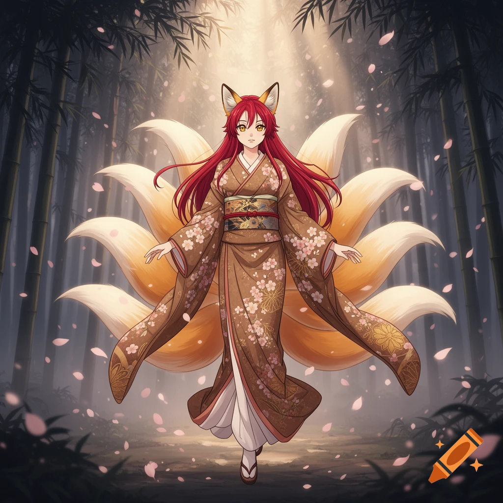 An anime kitsune woman with red hair and nine golden tails wears a floral kimono, standing in a sunlit bamboo forest with falling petals.