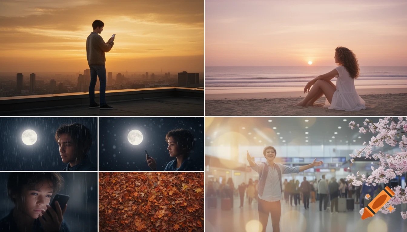 A cinematic collage showing a long-distance romance across seasons, featuring a man on a rooftop, a woman on a beach, and their reunion at an airport.