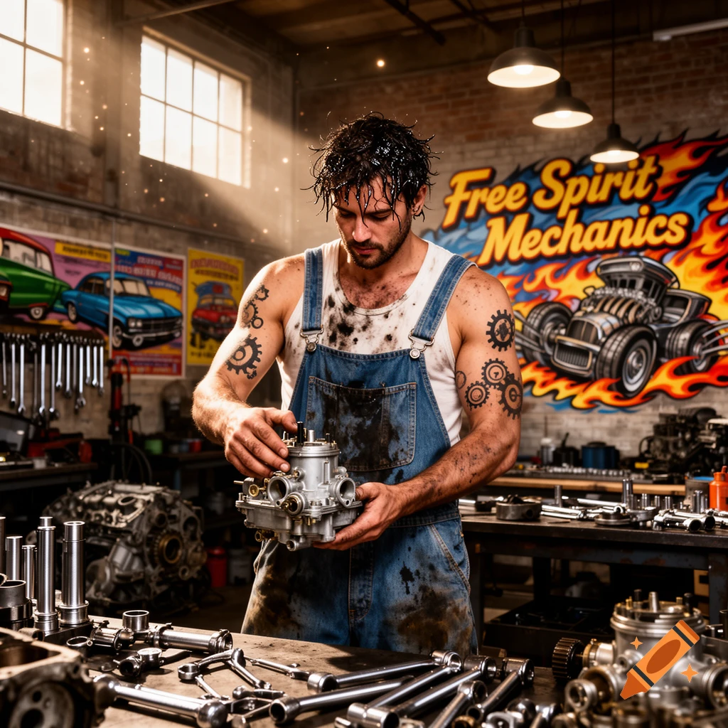 A dirty, muscular mechanic with gear tattoos intently works on an engine part in a sunlit garage with a 'Free Spirit Mechanics' mural.