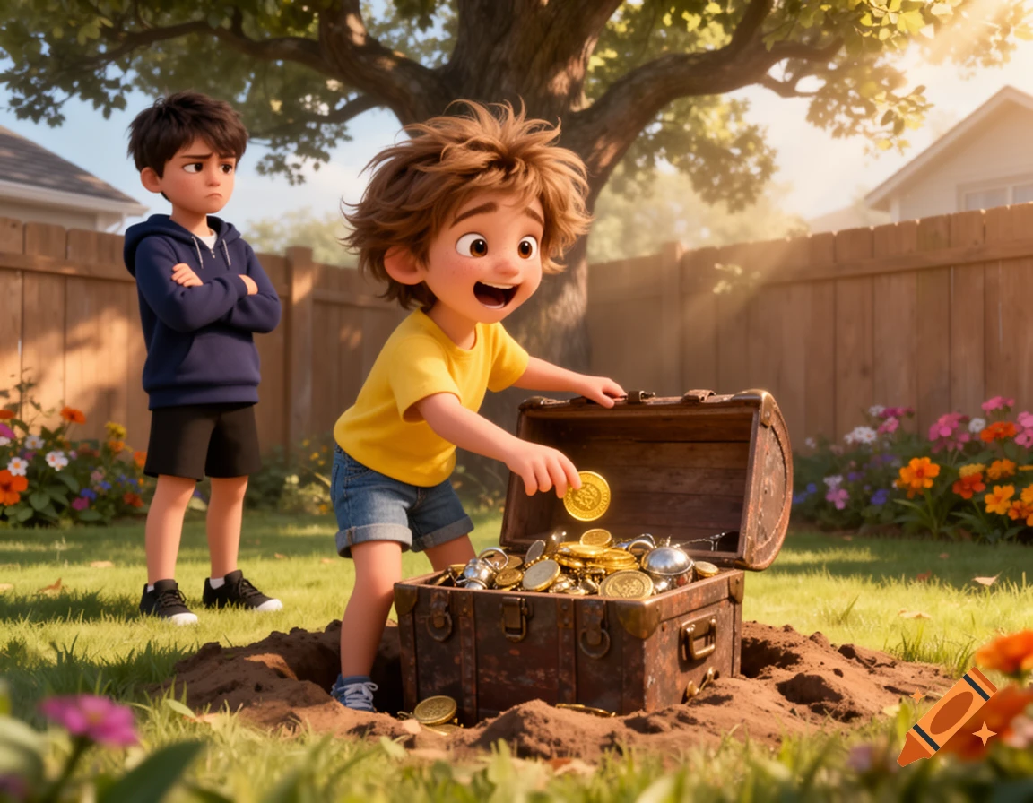 A happy animated boy finds a treasure chest in a sunny backyard while another boy watches, unimpressed.