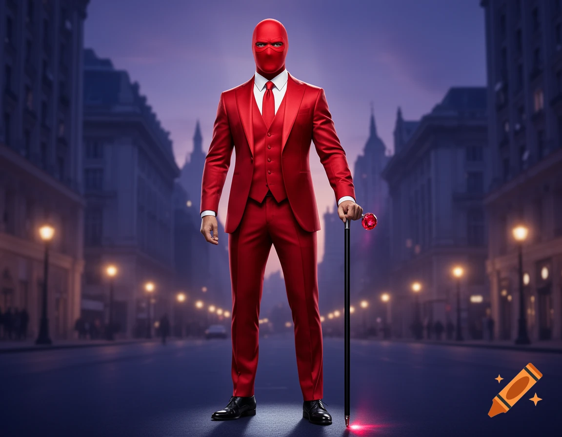 A male figure in a full red three-piece suit and red mask stands on a city street at night, holding a black cane with a glowing ruby.