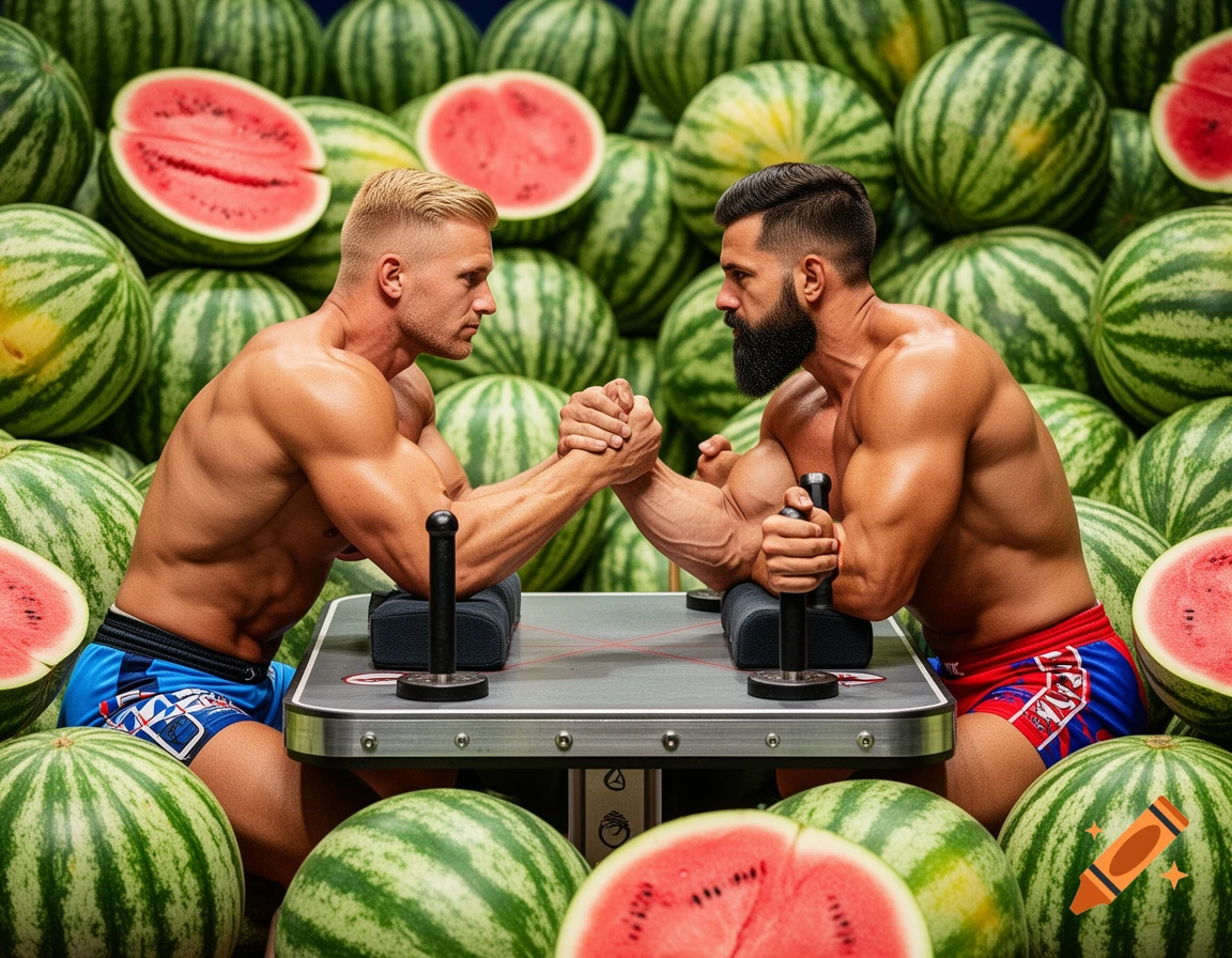 Two muscular men arm wrestle intensely at a table surrounded by many whole and sliced watermelons in a photorealistic style.