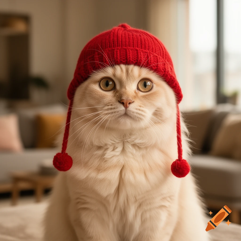 A light-colored cat with big yellow eyes wears a red knitted hat with pom-poms on ear flaps, sitting indoors.