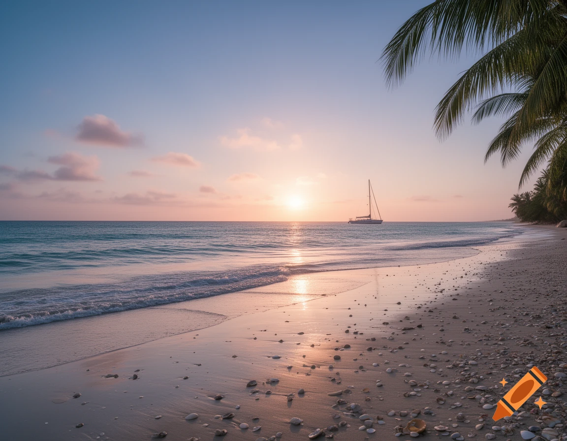 Photorealistic image of a serene beach at sunset, with a sailboat on the calm ocean and palm trees framing the right side.