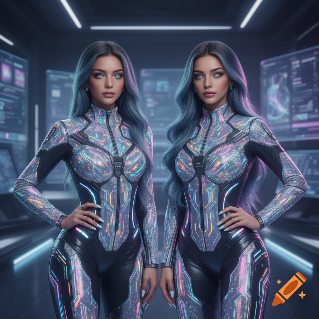 Two women with blue hair and glowing blue eyes wear iridescent futuristic bodysuits in a neon-lit sci-fi setting.