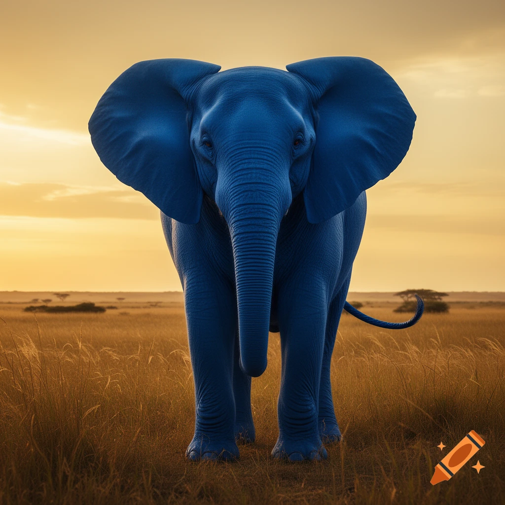 A photorealistic blue elephant stands in a golden savanna at sunset, facing forward.