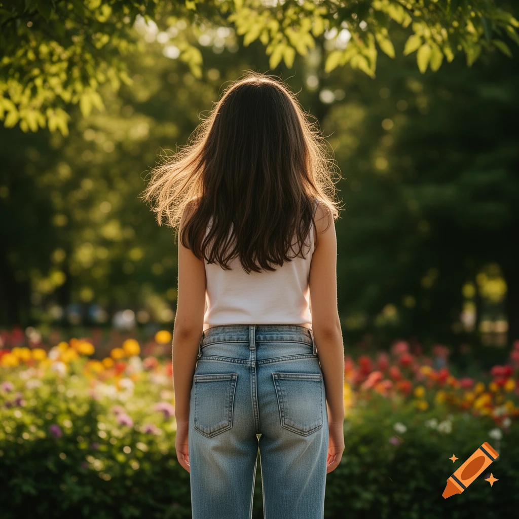 A person with long brown hair, wearing a white tank top and jeans, stands with their back to the viewer in a sunny park.