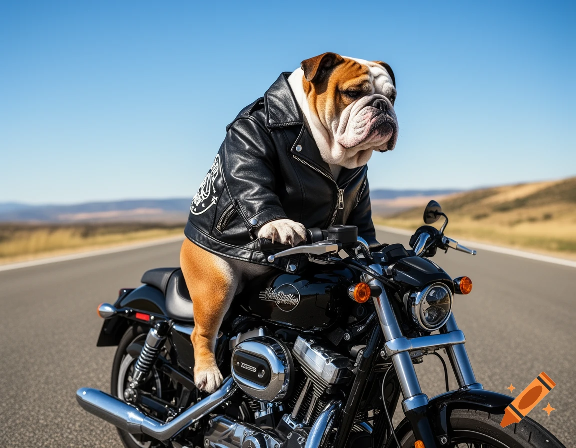A bulldog wearing a black leather jacket rides a black motorcycle on a desert road under a clear blue sky.