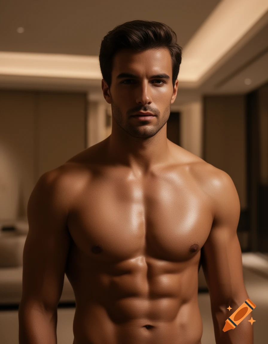 Photorealistic portrait of a handsome, muscular man with a bare chest, looking intently at the viewer in a softly lit room.