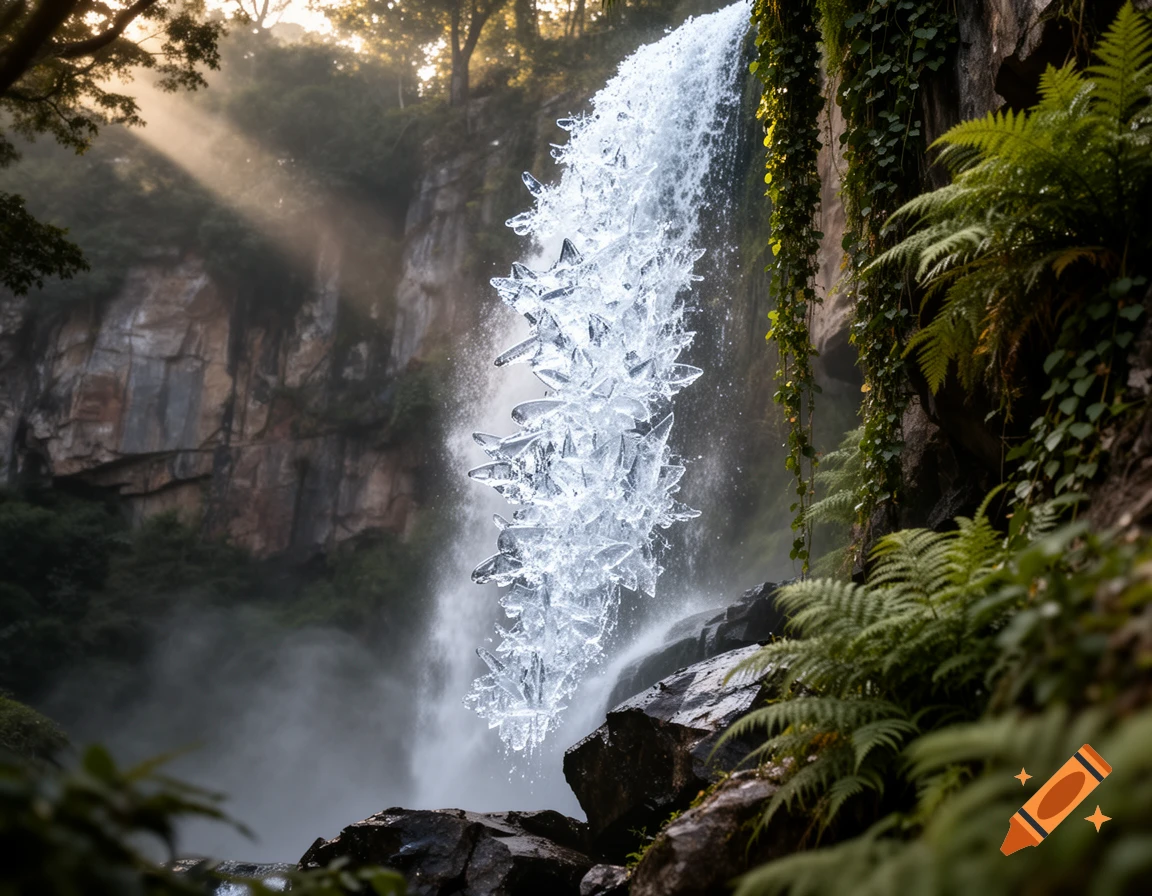 Photorealistic image of a tall waterfall where the cascading water transforms into intricate ice crystals over mossy rocks, with sunlight filtering through mist and trees.