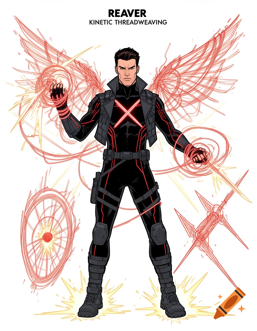 A male comic book character, Reaver, in a black tactical suit with red kinetic energy lines, creating red energy constructs and wings in a modern comic style.