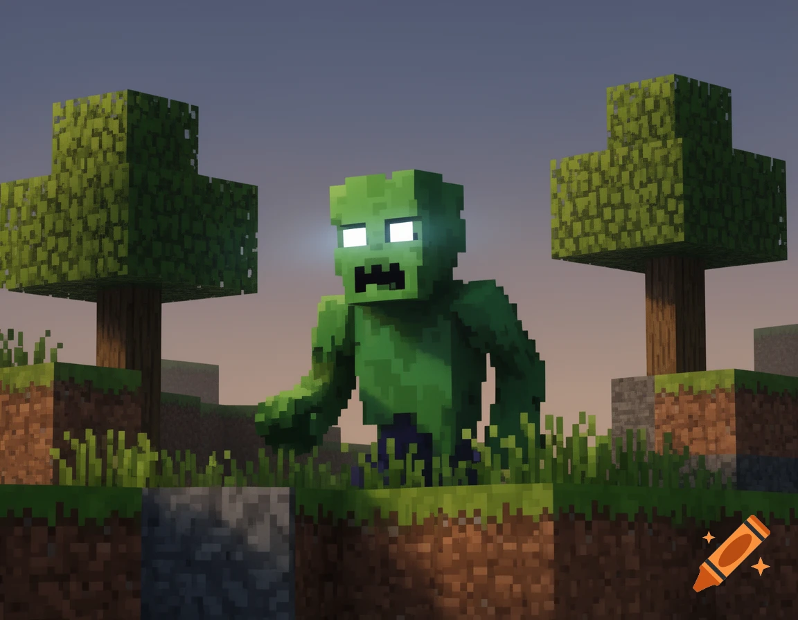 A pixelated Minecraft zombie with glowing eyes stands on grass blocks between two blocky trees under a clear sky.
