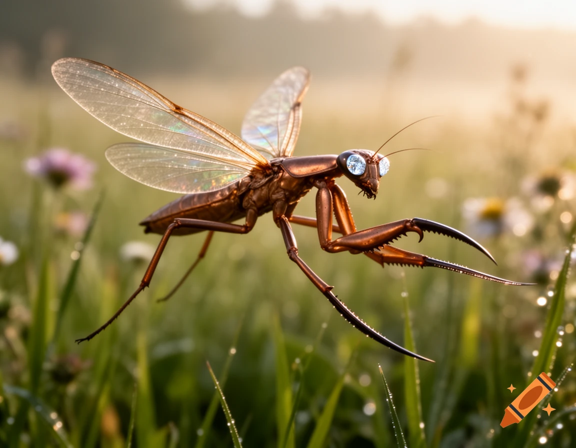 A large, metallic bronze flying insect with translucent wings, prominent blue eyes, and scythe-like forelegs, hovers over dewy grass at sunrise.